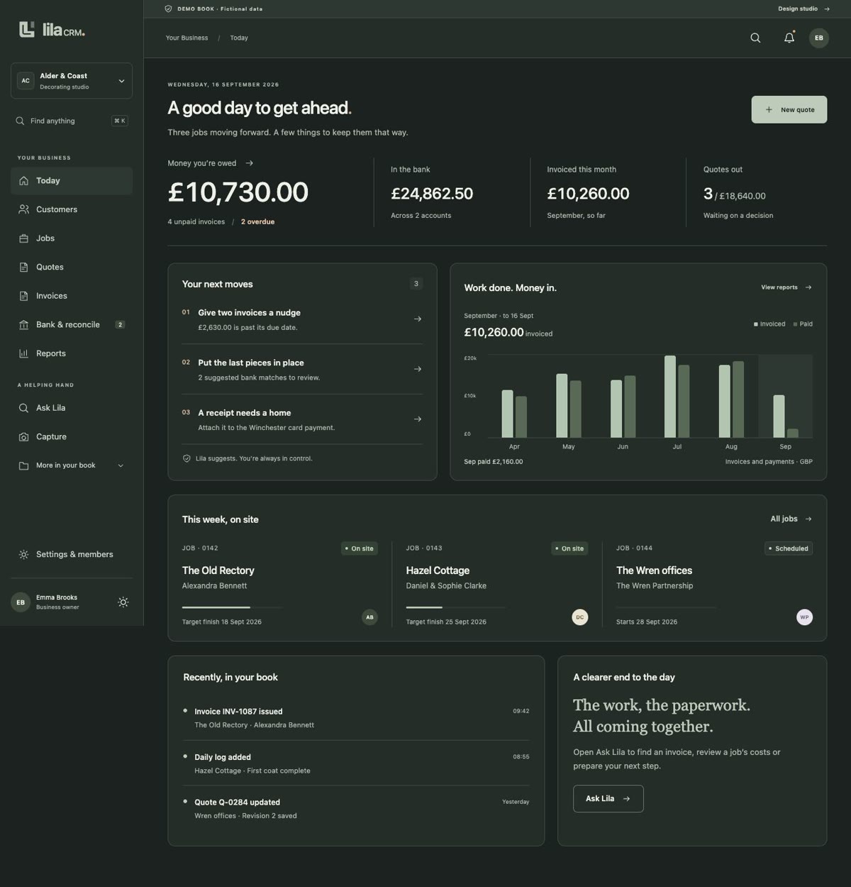 LilaCRM dashboard with a business overview, money owed and next actions