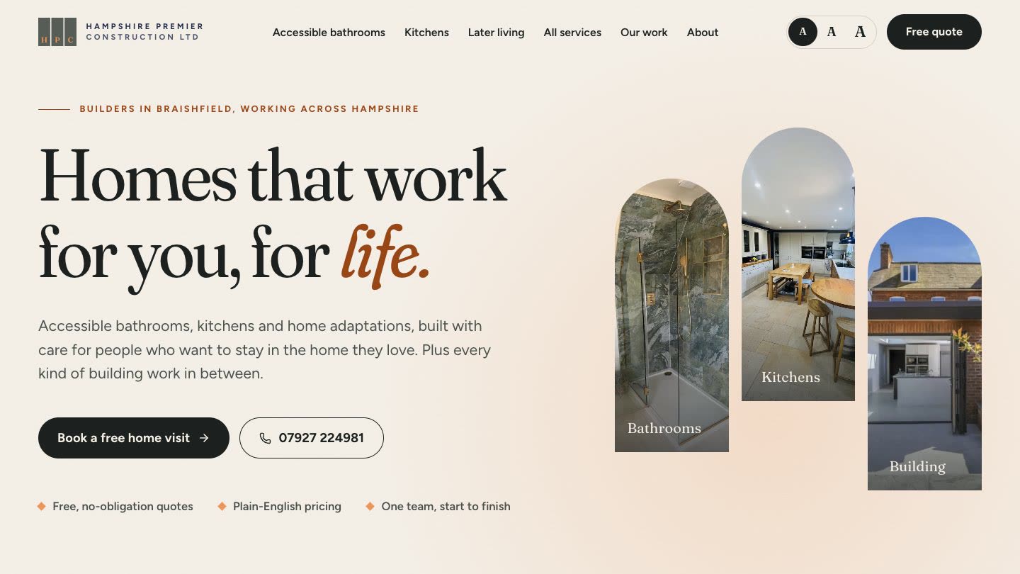 Hampshire Premier Construction website homepage