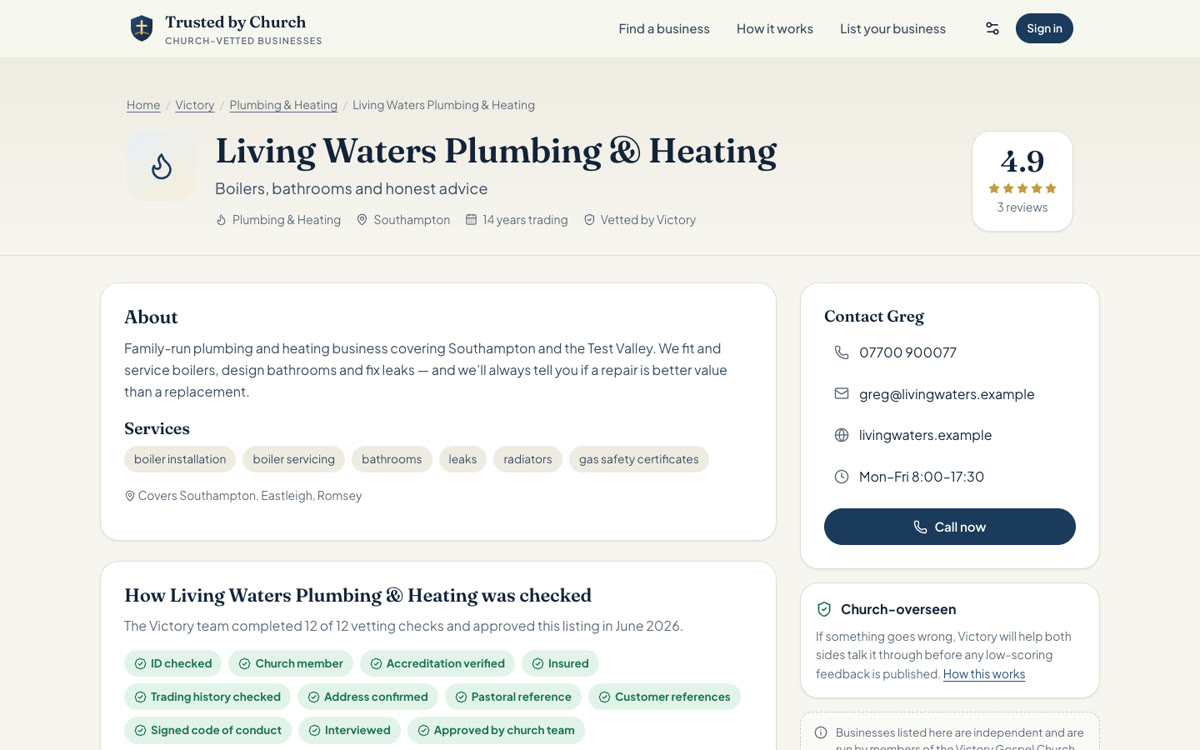 Trusted By Church example business directory listing